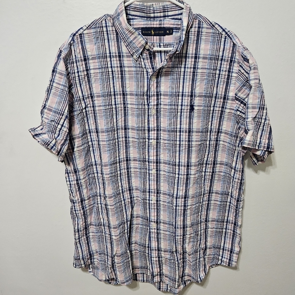 Ralph Lauren Shirt Men's XL Pink Plaid Button-up Short Sleeve Classic Fit  B23